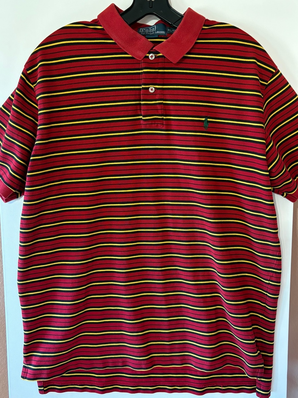 VTG Polo Ralph Lauren Red Black Yellow Stripe Pique Polo Shirt Mens XL *READ
